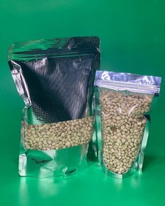 Metallic, silver and see-through stand up pouch