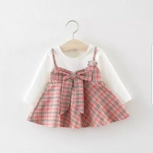 Bow detailed plaid and plain dress