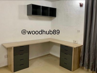 Contemporary L shape workstation with a floating shelf