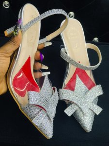 ENCRUSTED BOW SLINGBACK SHORT HEELS SANDALS