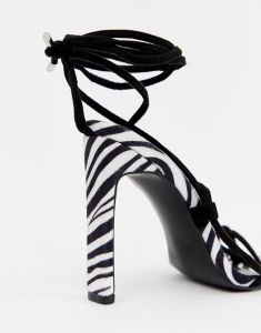 high heeled sandals with multi strap ties in zebra